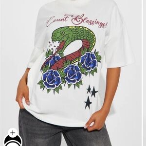 Fashion Nova White Graphic Tee with Snake and Roses
